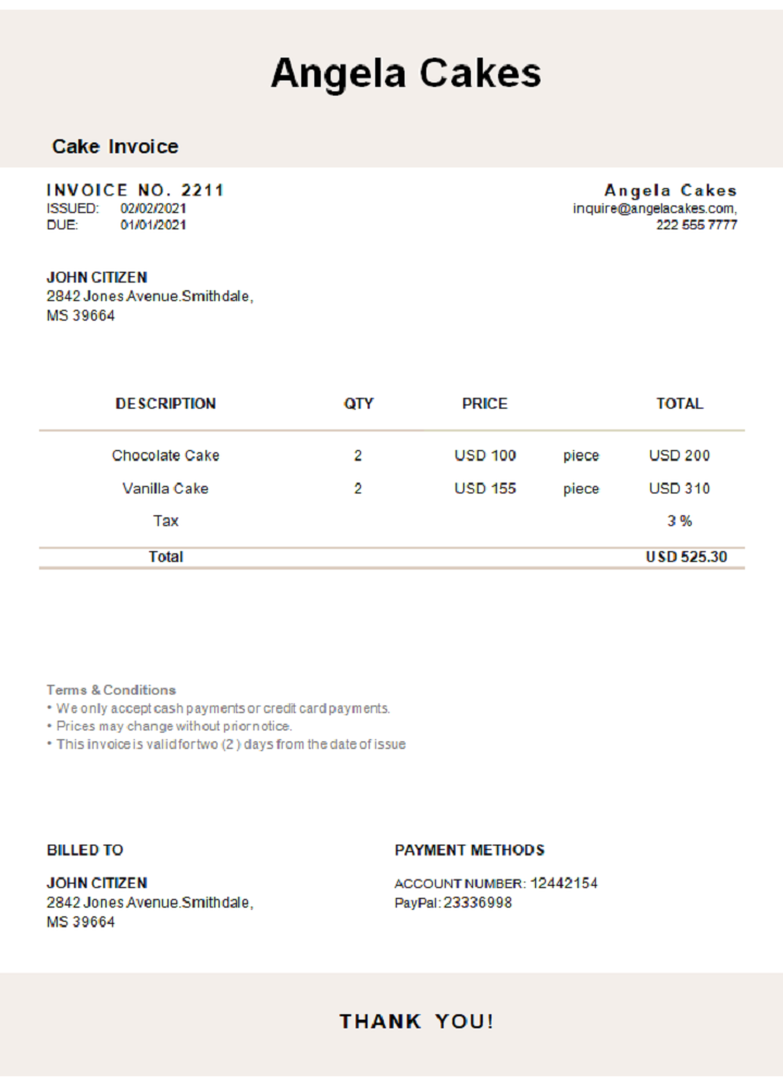 USA Angela Cakes invoice PSD template